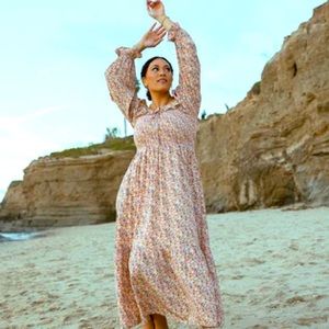 The Buckner Smocked Maxi Dress in Rust Multi